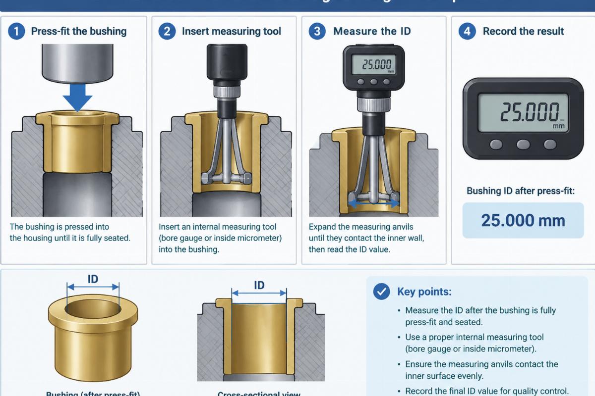 Technical illustration of measuring bushing ID after press-fit