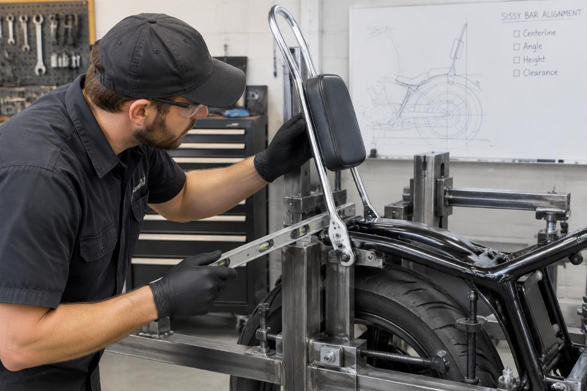 Technician checking the alignment of a custom sissy bar against a motorcycle frame jig