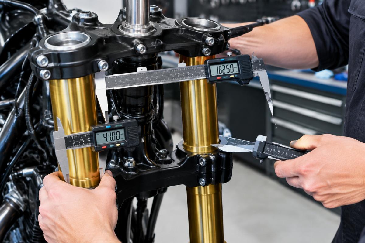 Technician measuring fork tube diameter and triple tree spacing with calipers