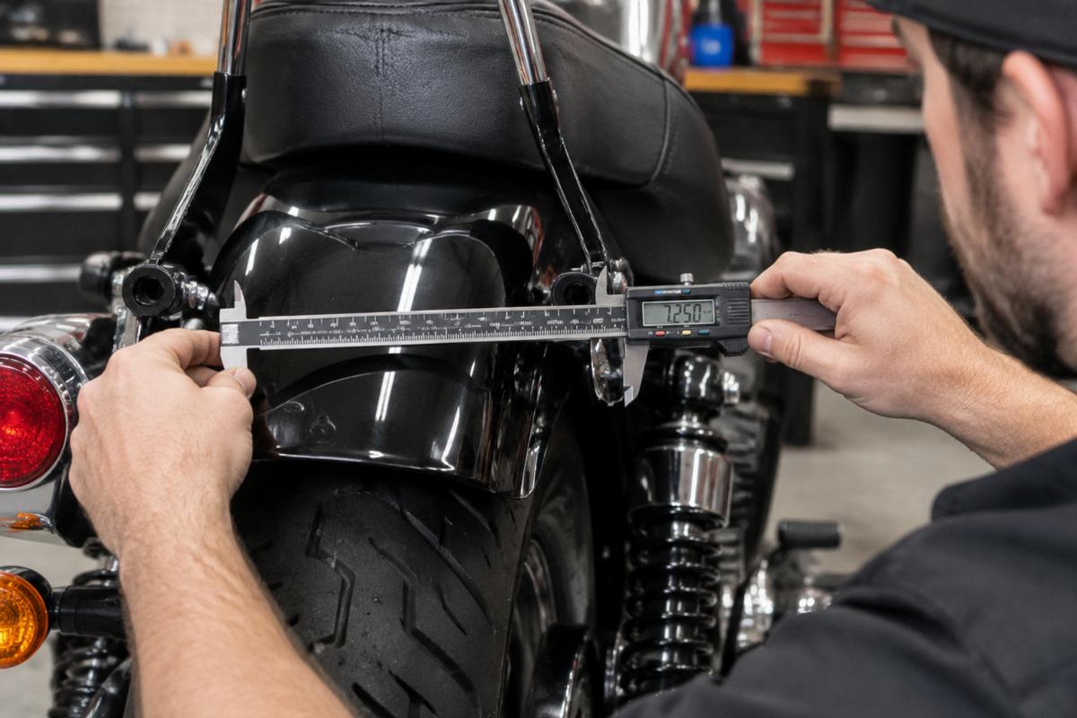 Technician using calipers to measure the distance between sissy bar strut mounts on a motorcycle
