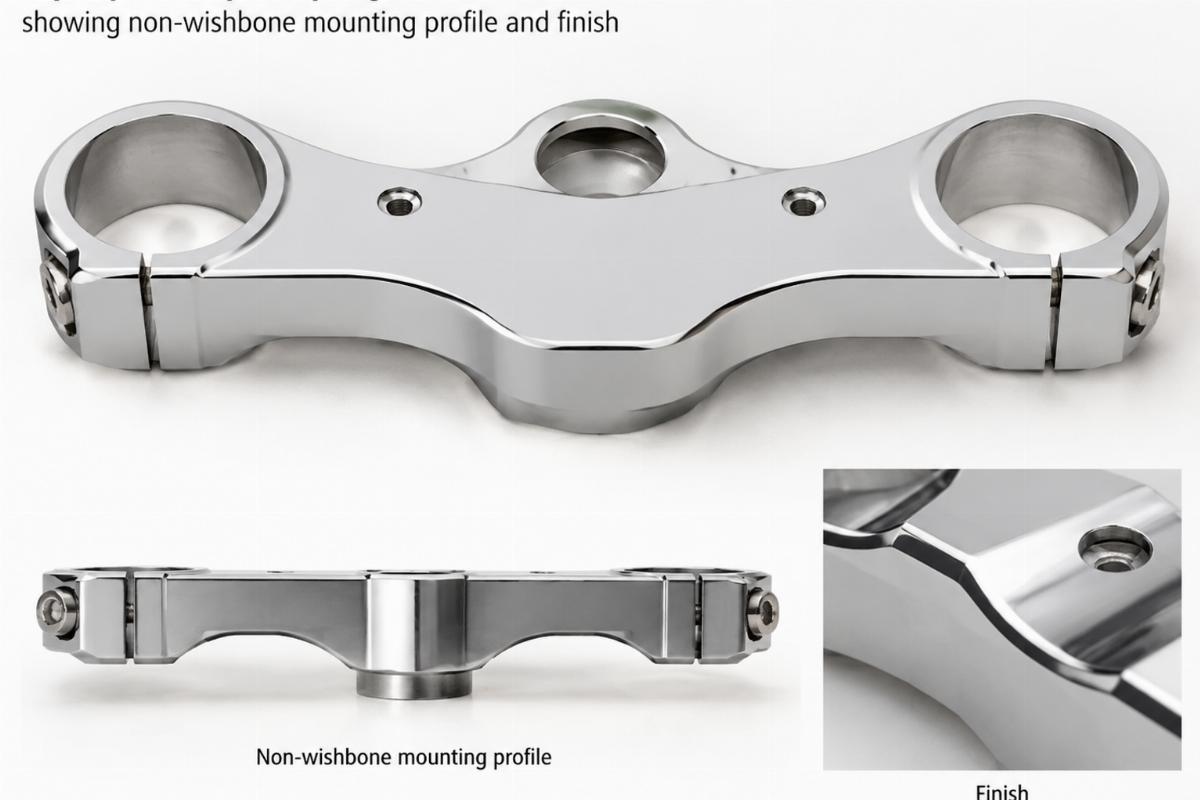 Top triple clamp for springer front ends showing non-wishbone mounting profile and finish
