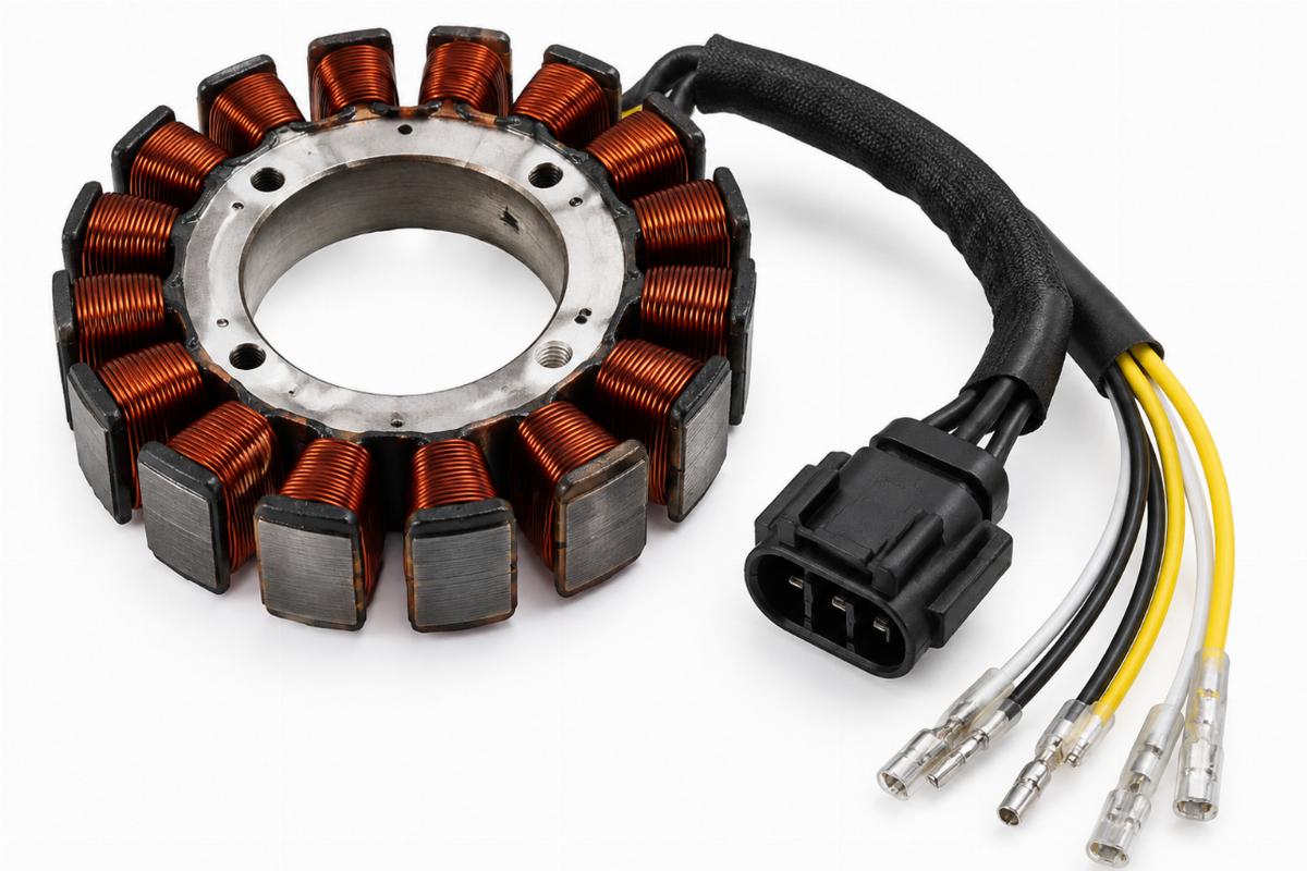 Unmolded alternator stator for sportster showing connector and wire ends