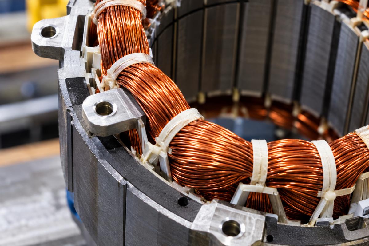 Unmolded stator coil detail showing copper winding and mounting points
