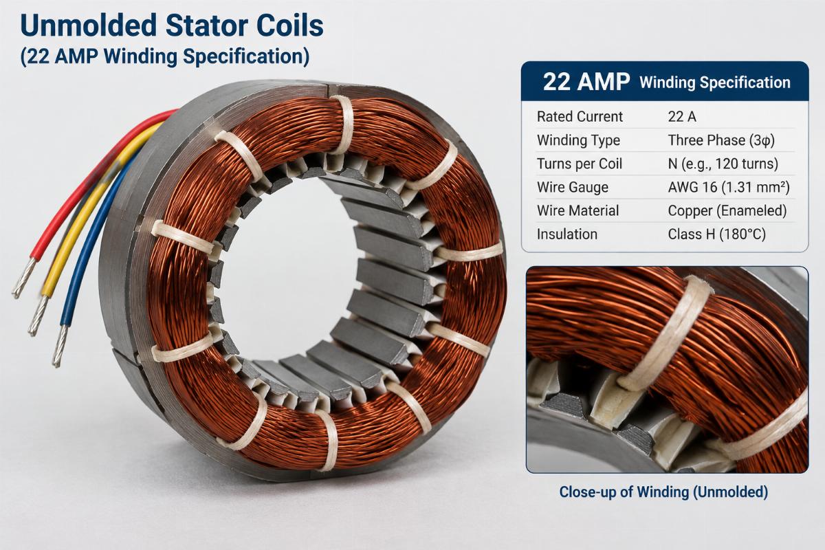 Unmolded stator coils showing 22 AMP winding specification