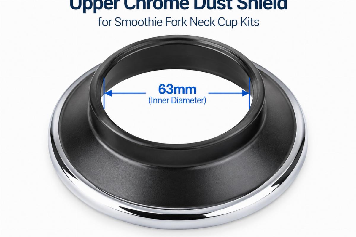 Upper chrome dust shield for smoothie fork neck cup kits showing 63mm inner diameter
