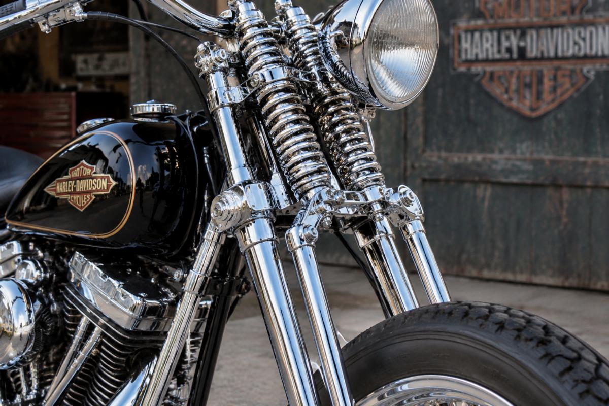Vintage springer front end for harley-davidson showing triple chrome plated finish