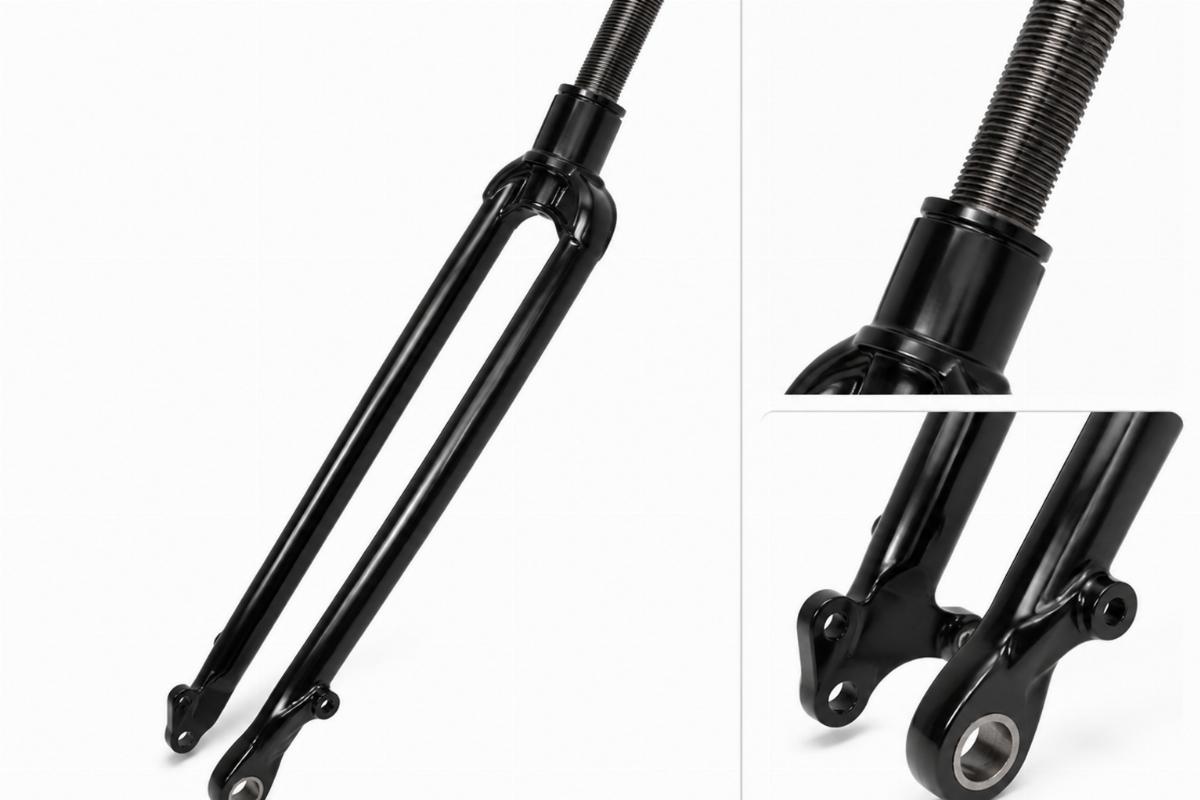 VL spring fork rear leg for custom springer showing black finish and thread stem