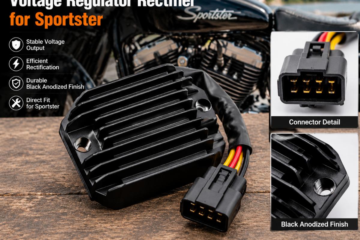 Voltage regulator rectifier for sportster showing black anodized finish and connector detail