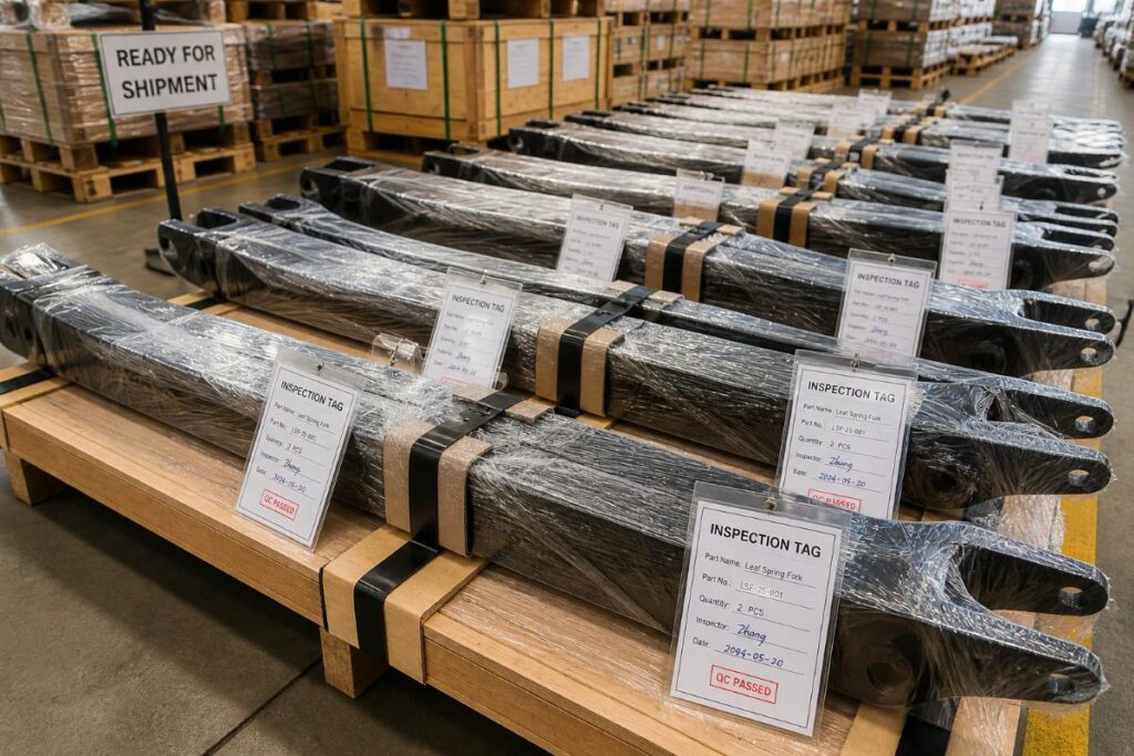 Warehouse view of packaged leaf spring forks ready for shipment with inspection tags