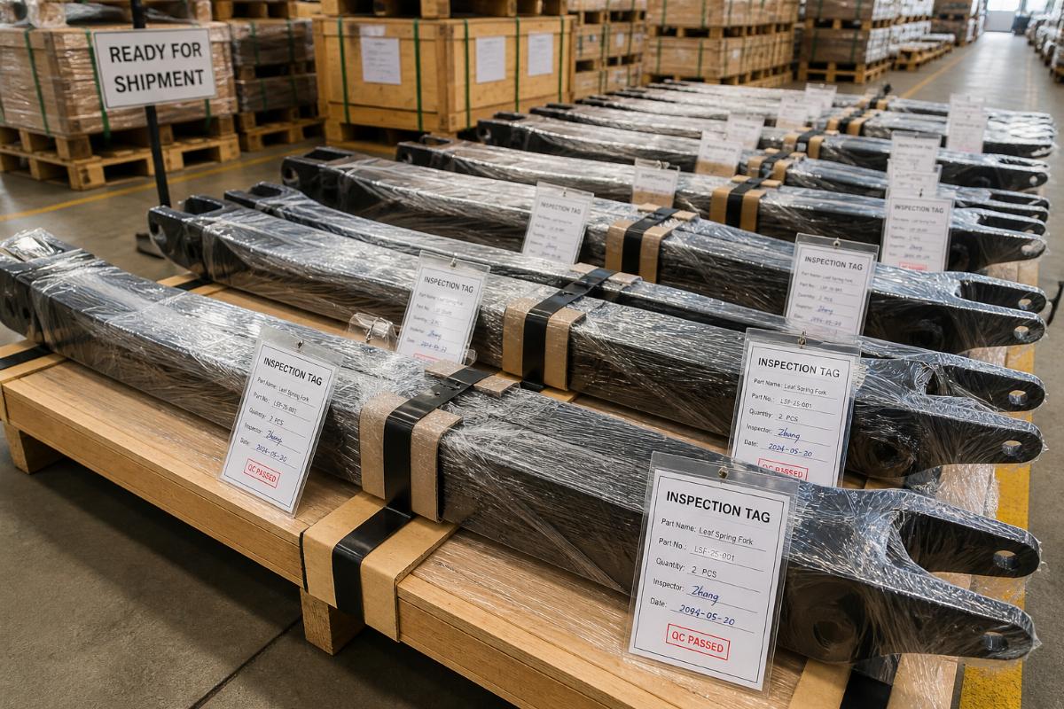 Warehouse view of packaged leaf spring forks ready for shipment with inspection tags