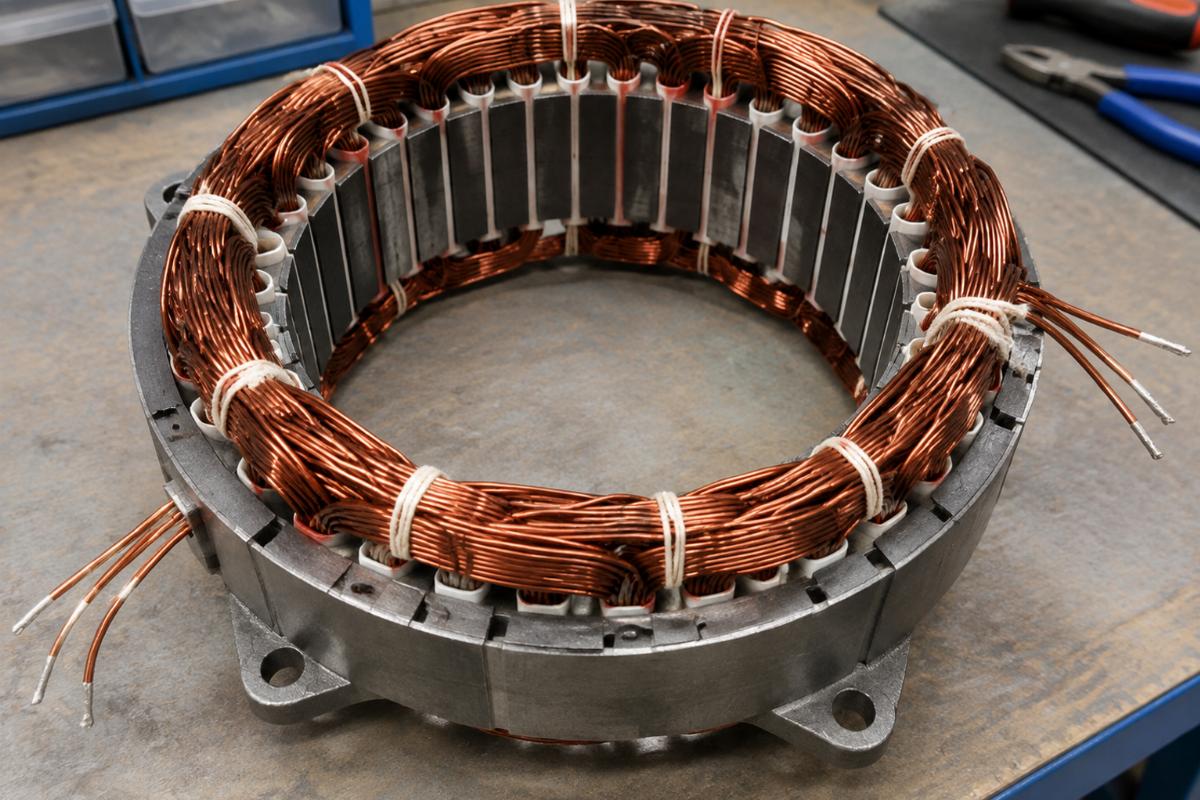 Wide view of the unmolded copper windings on the 15 AMP alternator stator