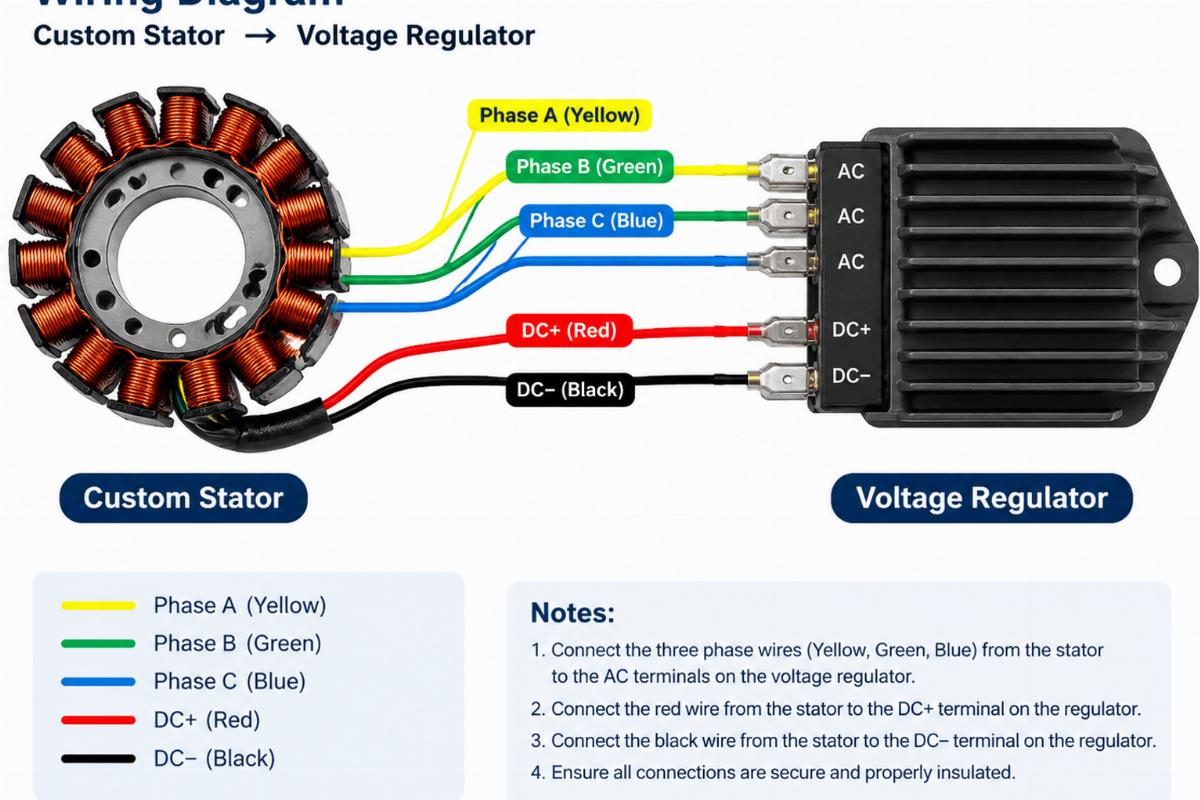 Wiring diagram showing the connection between a custom stator and a voltage regulator with labeled phase wires