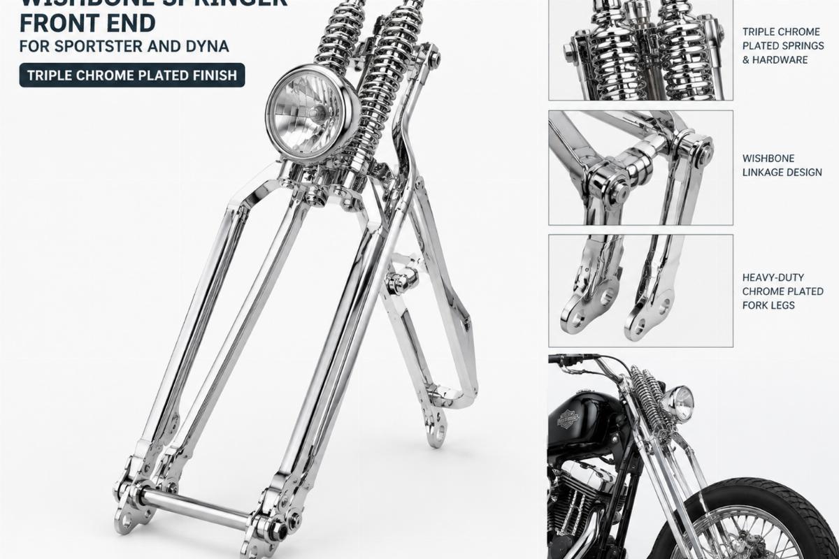 Wishbone springer front end for sportster and dyna in triple chrome plated finish