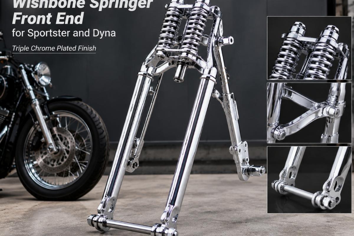 Wishbone springer front end for sportster and dyna in triple chrome plated finish
