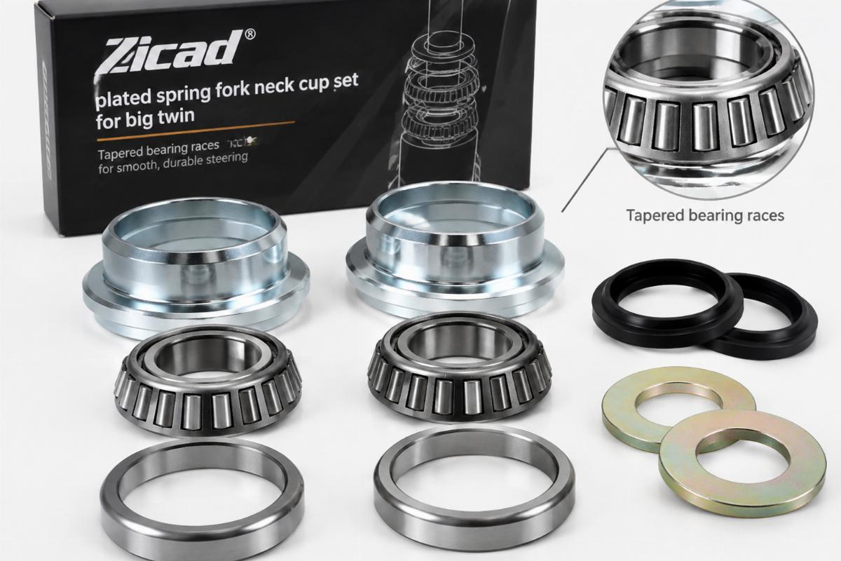 Zicad plated spring fork neck cup set for big twin showing tapered bearing races
