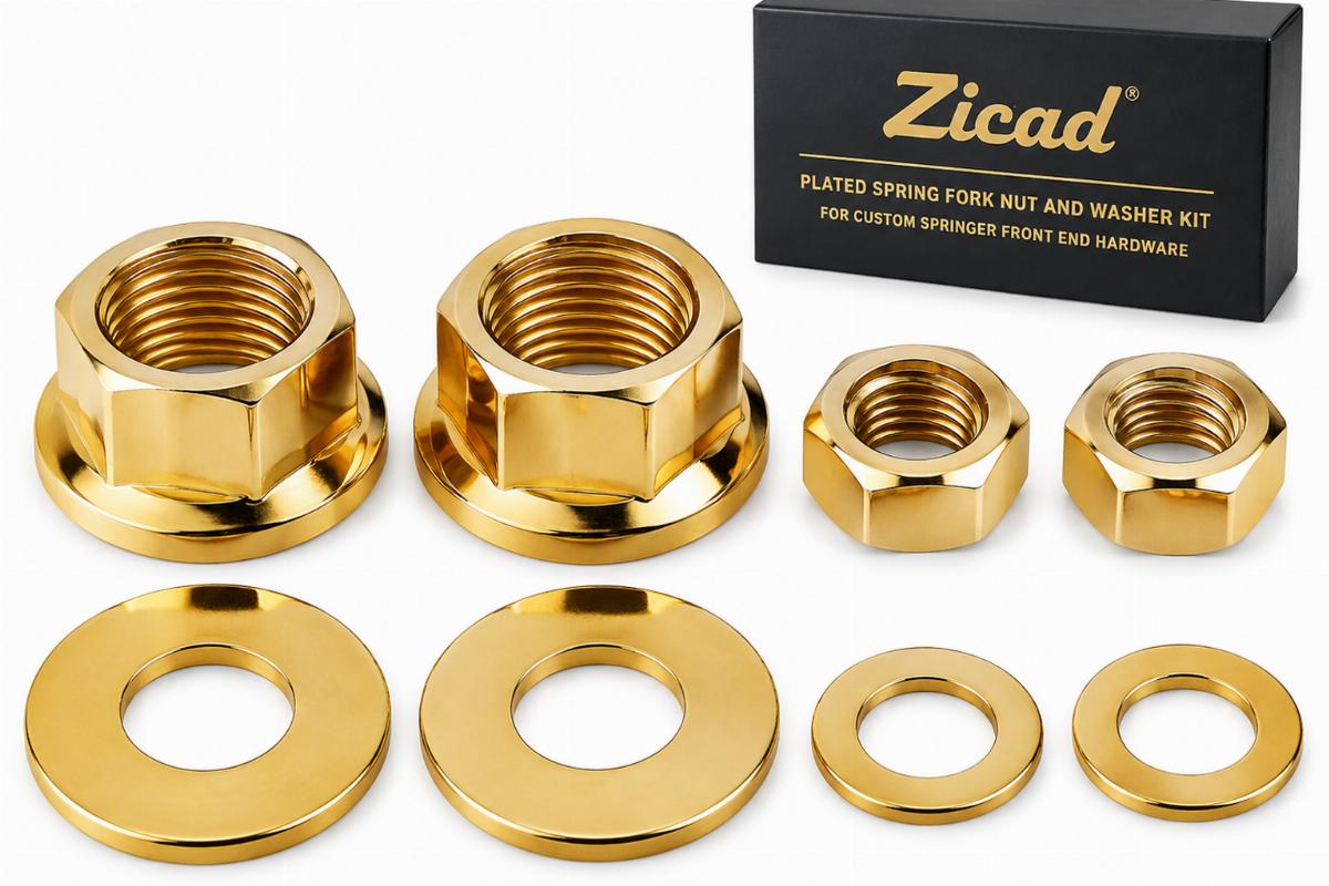 Zicad plated spring fork nut and washer kit for custom springer front end hardware