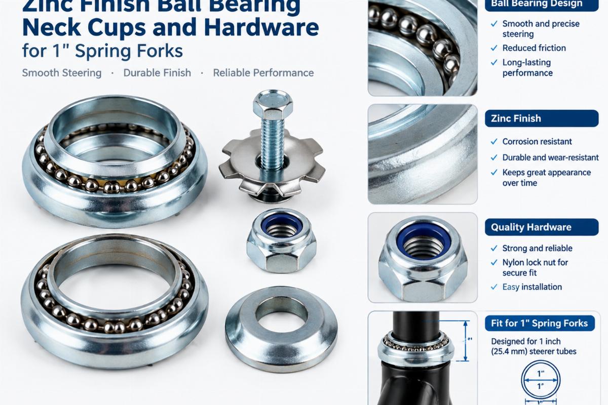 Zinc finish ball bearing neck cups and hardware details for 1" spring forks