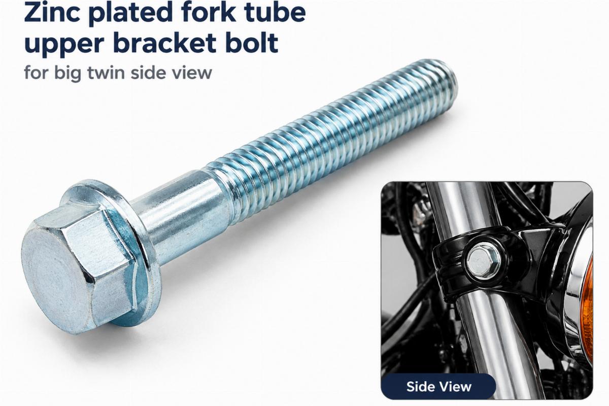 Zinc plated fork tube upper bracket bolt for big twin side view