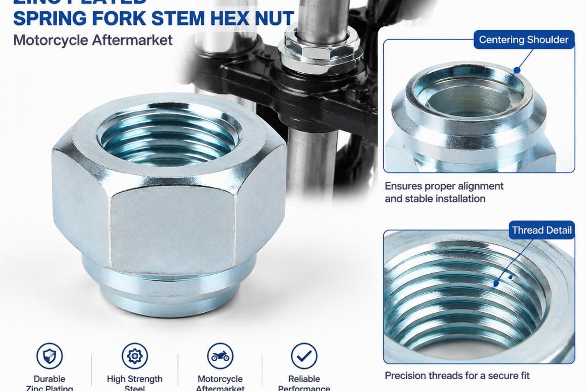 Zinc plated spring fork stem hex nut motorcycle aftermarket showing centering shoulder and thread detail
