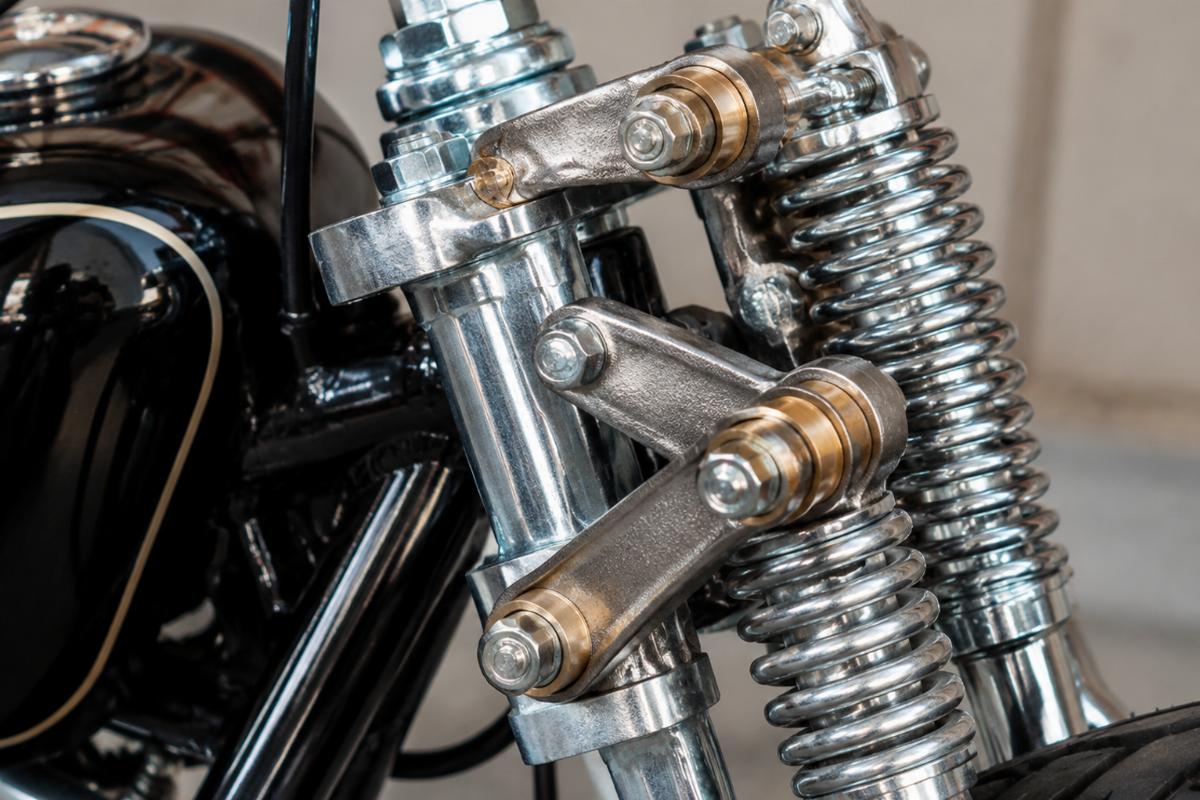 Zinc-plated steering stem and bronze rocker bushings detail on custom springer