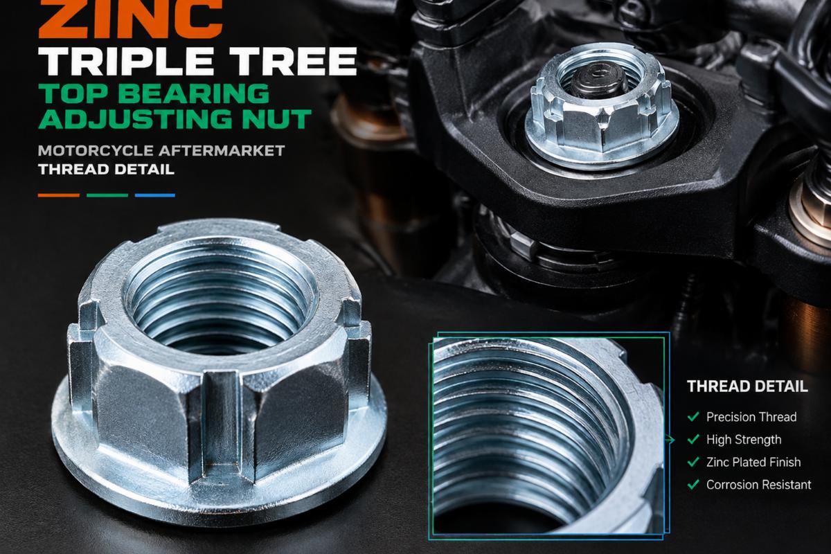 Zinc triple tree top bearing adjusting nut motorcycle aftermarket thread detail